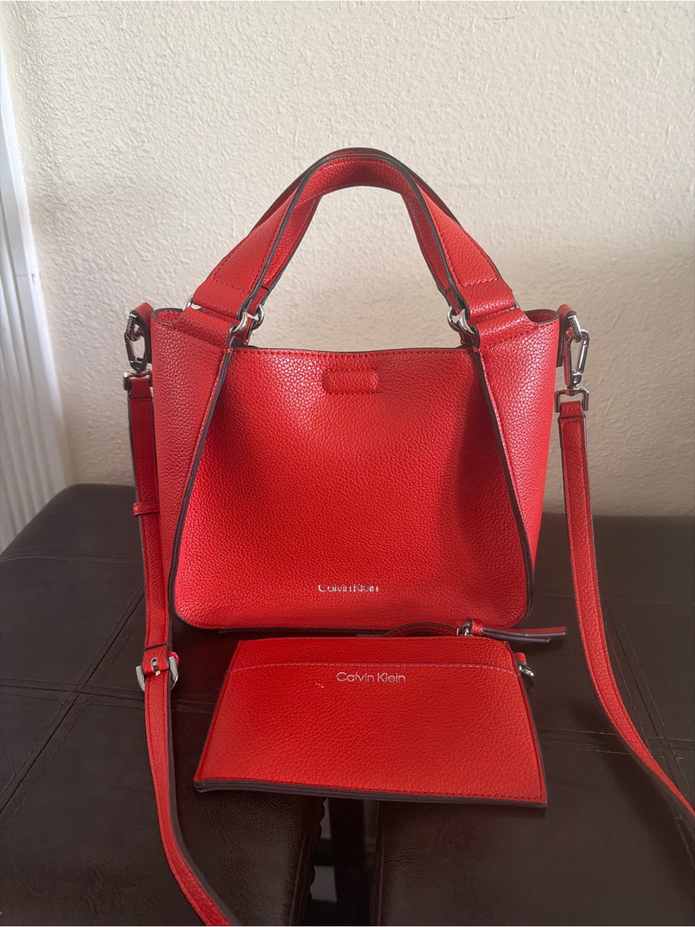 Calvin Klein Red Pebbled Leather Shoulder Bag with Removable Pouch